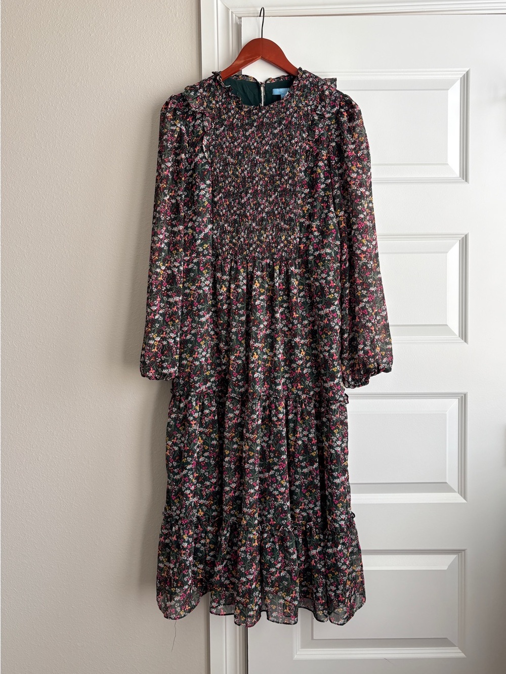 Draper James RSVP Green Pink Floral Smocked Tiered Midi Dress Size L
